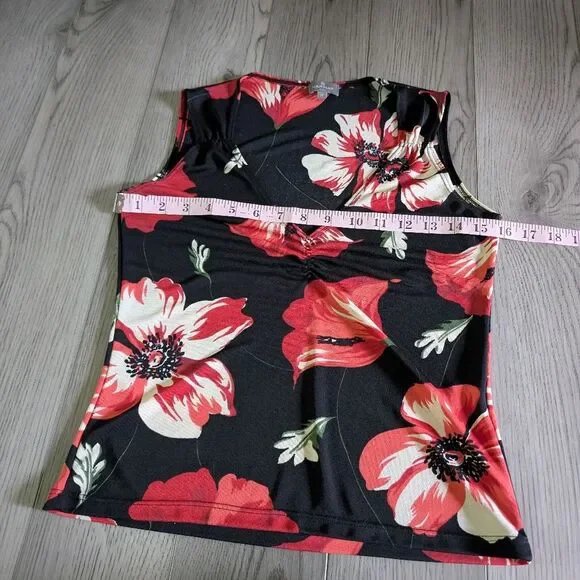 Vintage 90s Naf Naf Floral‎ Red Black Tank Top Size Medium - Picture 7 of 8